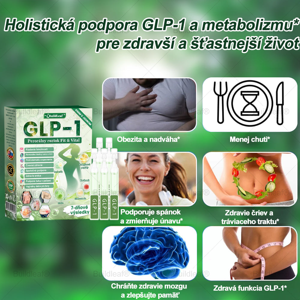 BuildLeaf® GLP-1 6-v-1 Health Solution Perorálna tekutina (Len raz denne, viditeľné zmeny už za 7 dní) Pre obezitu, kardiovaskulárne ochorenia, cukrovku, spánkové apnoe, zdravie čriev, problémy s kĺbmi a ďalšie