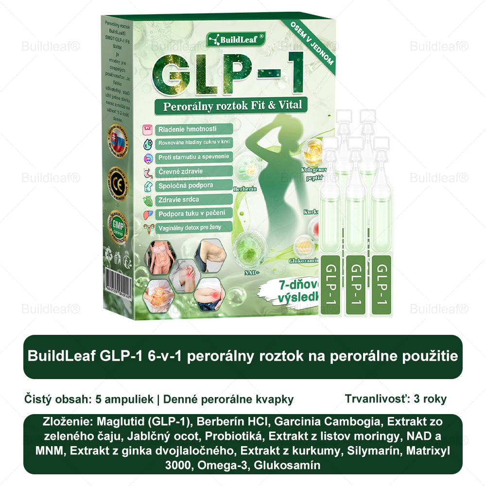 BuildLeaf® GLP-1 6-v-1 Health Solution Perorálna tekutina (Len raz denne, viditeľné zmeny už za 7 dní) Pre obezitu, kardiovaskulárne ochorenia, cukrovku, spánkové apnoe, zdravie čriev, problémy s kĺbmi a ďalšie