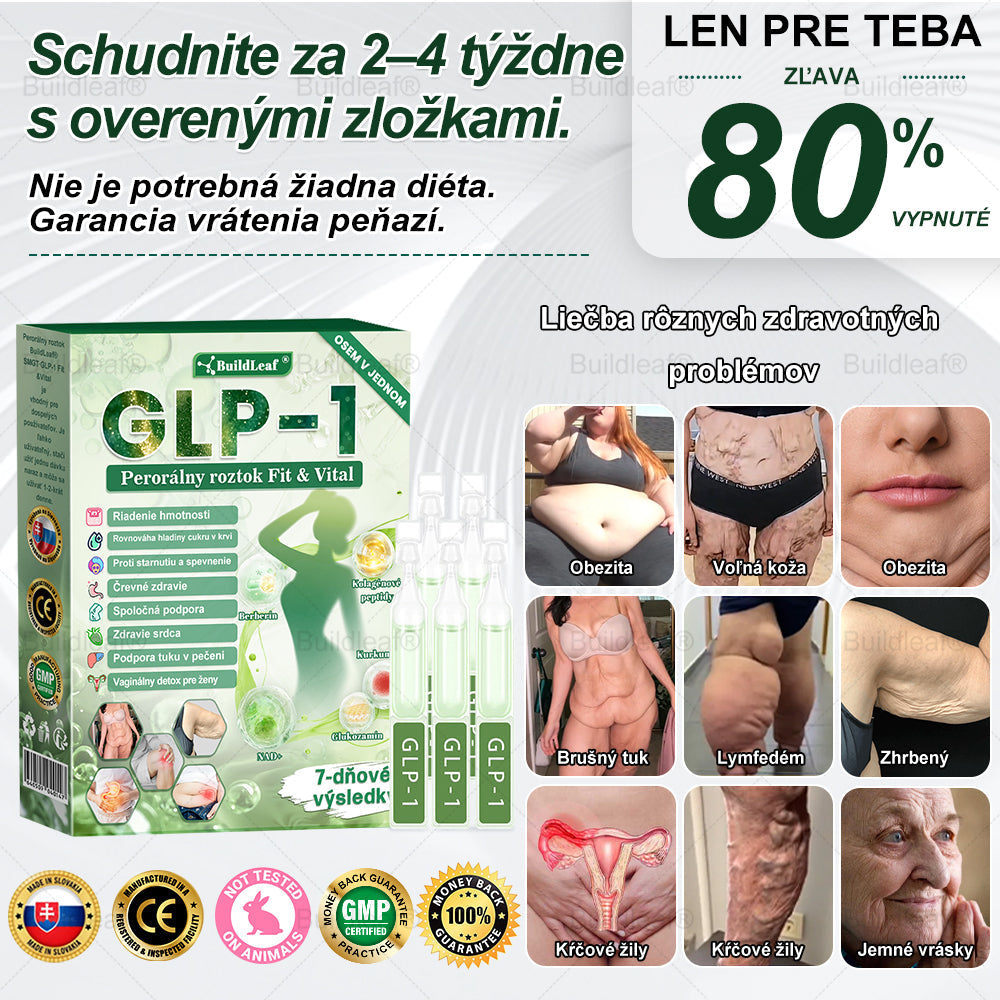 BuildLeaf® GLP-1 6-v-1 Health Solution Perorálna tekutina (Len raz denne, viditeľné zmeny už za 7 dní) Pre obezitu, kardiovaskulárne ochorenia, cukrovku, spánkové apnoe, zdravie čriev, problémy s kĺbmi a ďalšie