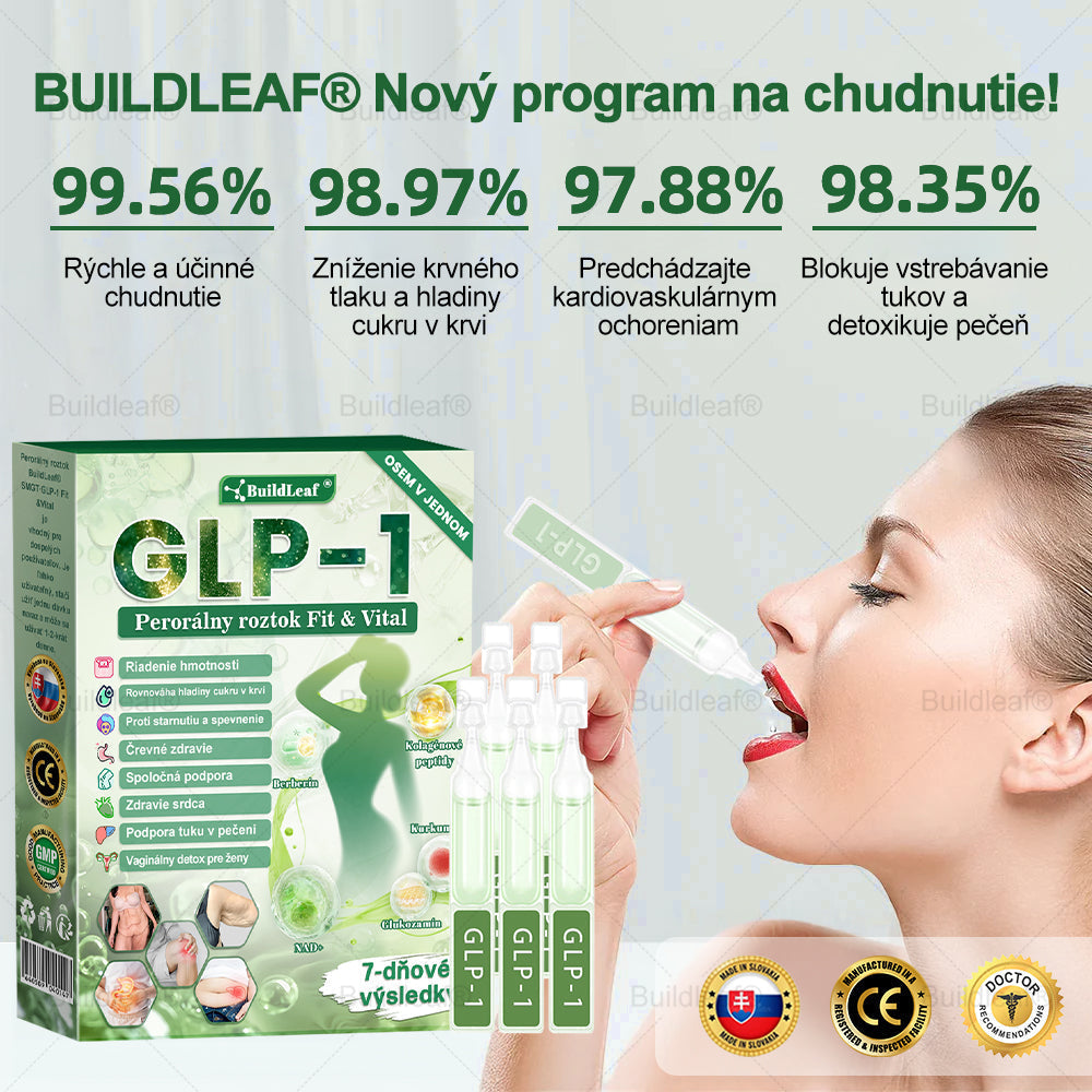 BuildLeaf® GLP-1 6-v-1 Health Solution Perorálna tekutina (Len raz denne, viditeľné zmeny už za 7 dní) Pre obezitu, kardiovaskulárne ochorenia, cukrovku, spánkové apnoe, zdravie čriev, problémy s kĺbmi a ďalšie